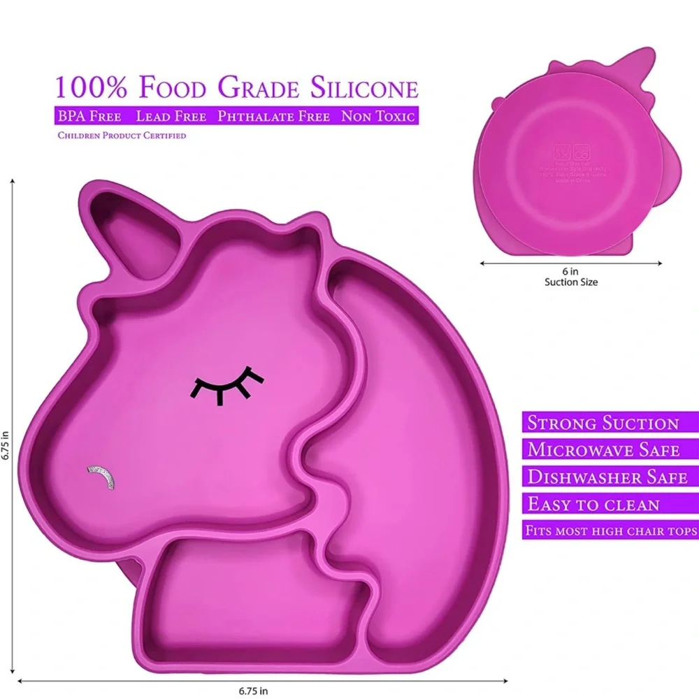 Unicorn Silicone Toddler Plate with Silicone Spoon And two baby Bibs - Picture 7 of 8